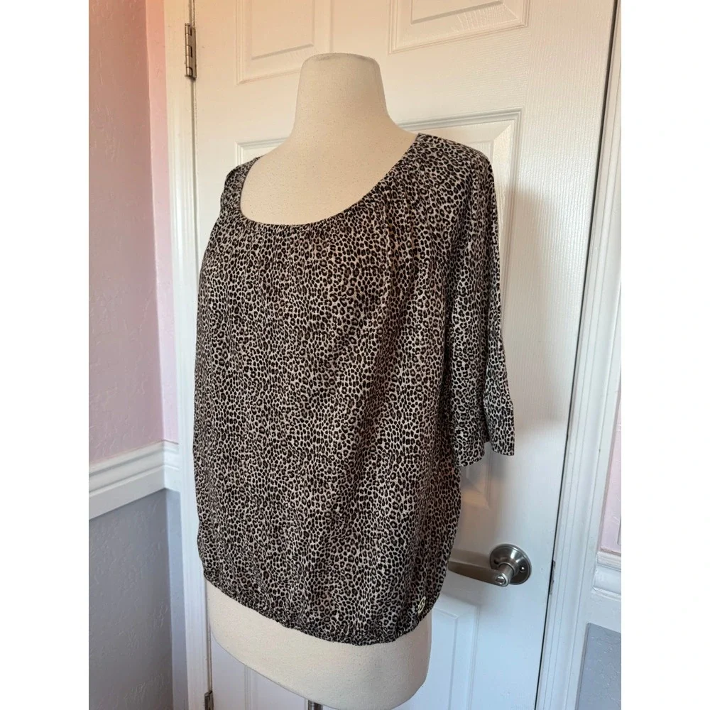 Michael Kors Womens Leopard Print Scoop Neck Bubble Hem 3/4‎ Sleeve Blouse Tan